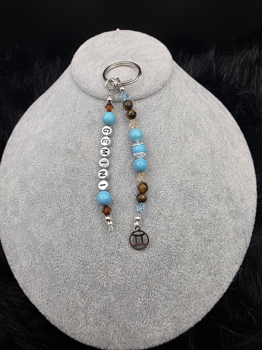Gemini Blue Beaded Keychain with Zodiac Charm